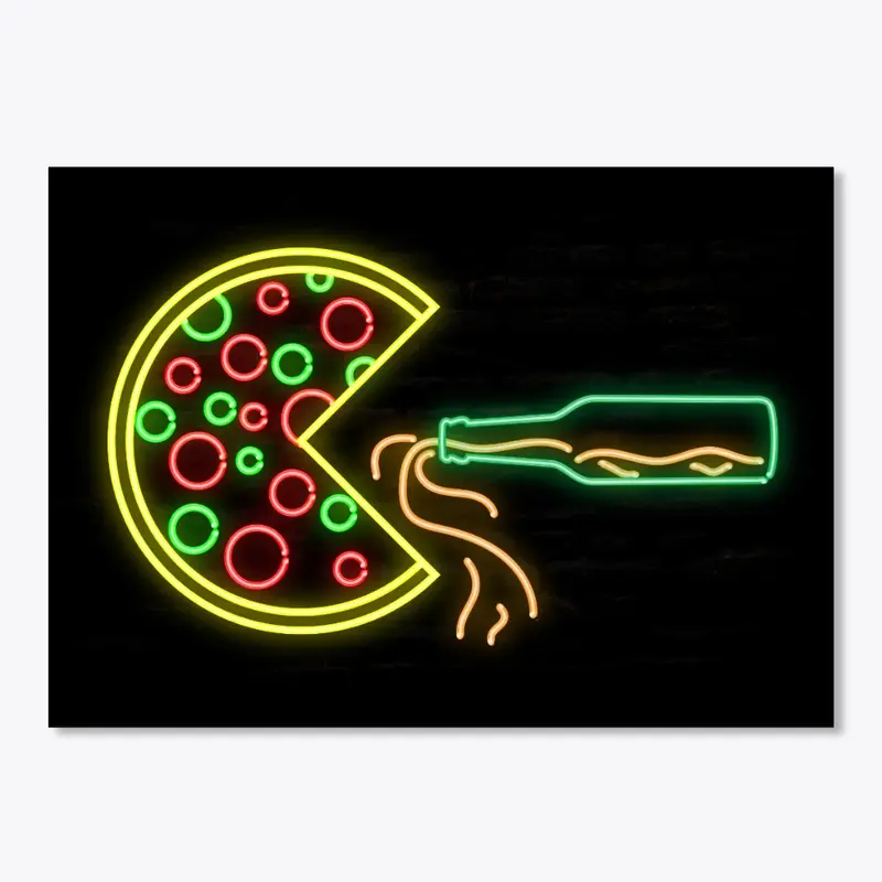 Packman Pizza Drinking Beer Neon